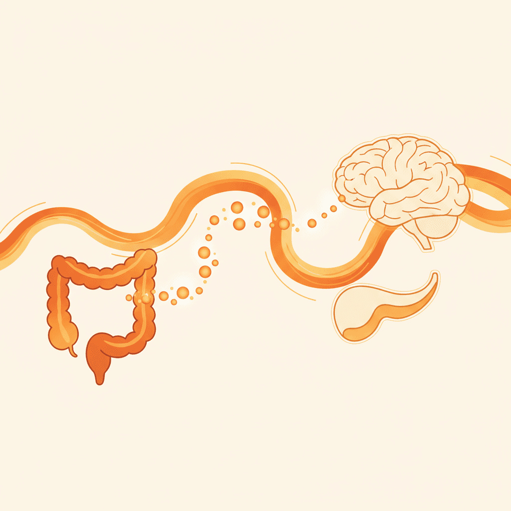 Illustration of the GLP-1 hormone signaling pathway from gut to brain and pancreas