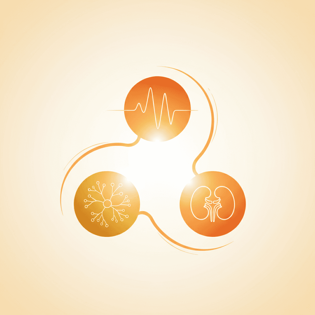 Abstract illustration of GLP-1 benefits across heart, brain, and kidney