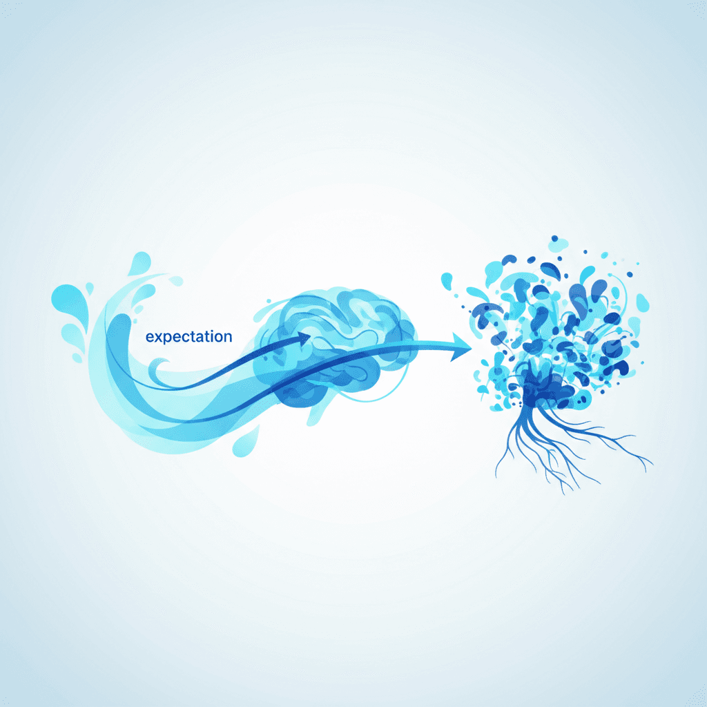 Cyan to steel blue flow diagram showing how the nocebo mechanism works: verbal suggestion of side effects activates expectation pathways and produces real symptom reporting, clean scientific visualization on light blue background