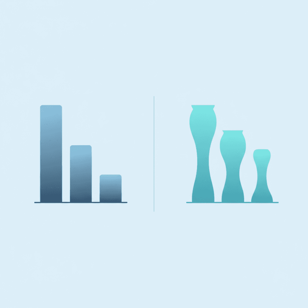 Clean scientific diagram contrasting a properly blinded RCT (steel blue) with an unblinded trial (faded cyan), showing how measured effect size expands when blinding fails, light blue background